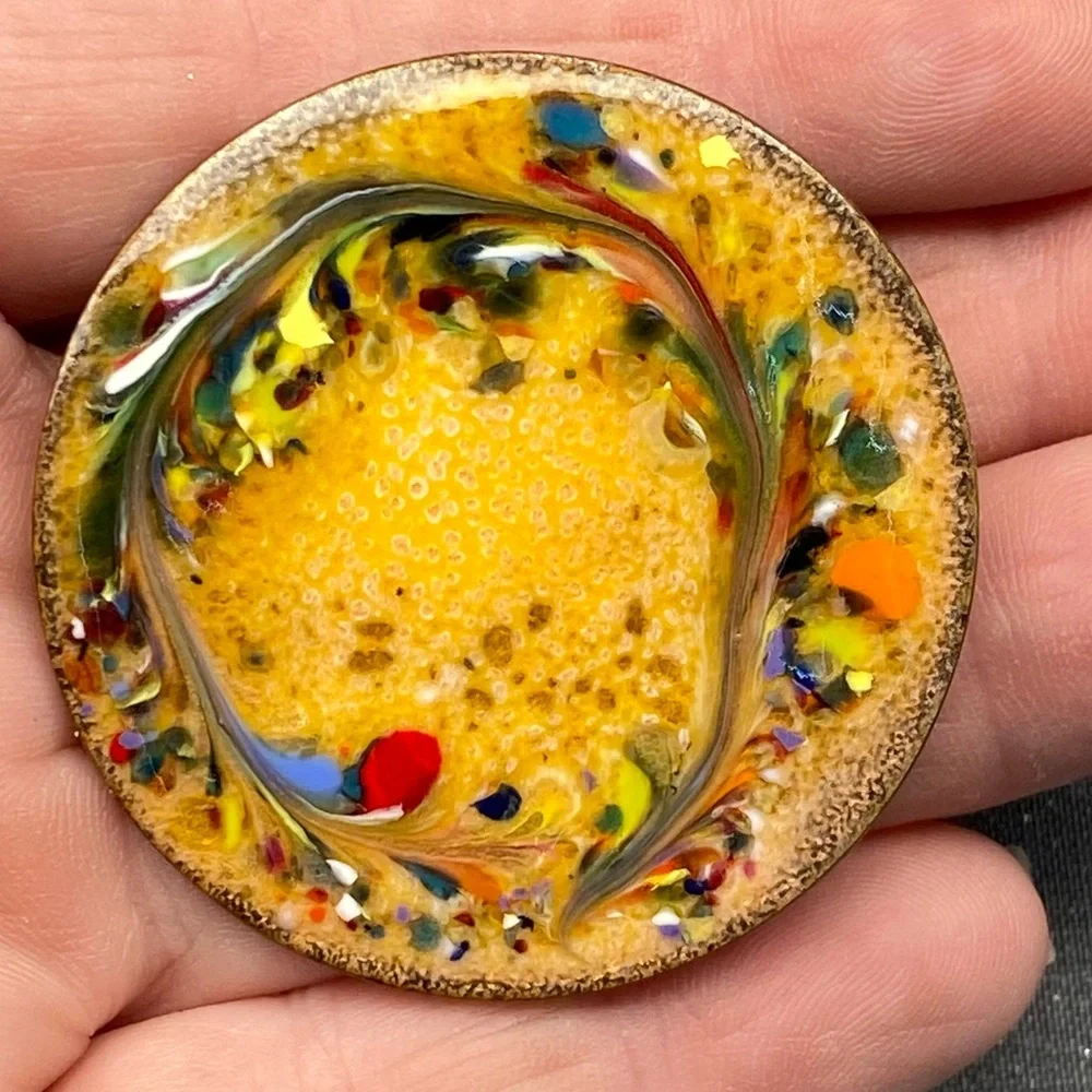 Mid Century Modern Glass Abstract Copper Back Multicolored Brooches Set of 2